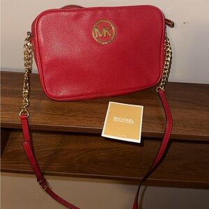 Michael Kors Red Fulton Crossbody Bag with Gold Accents